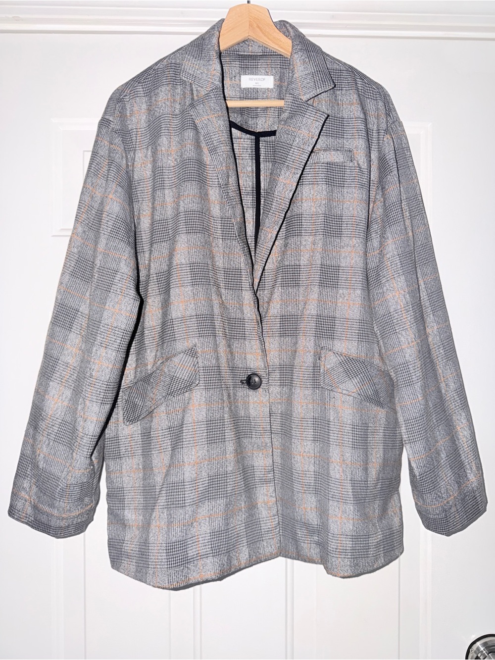 Light Gray Plaid Single-Button Blazer Jacket by Reverof. Sz M/L oversized